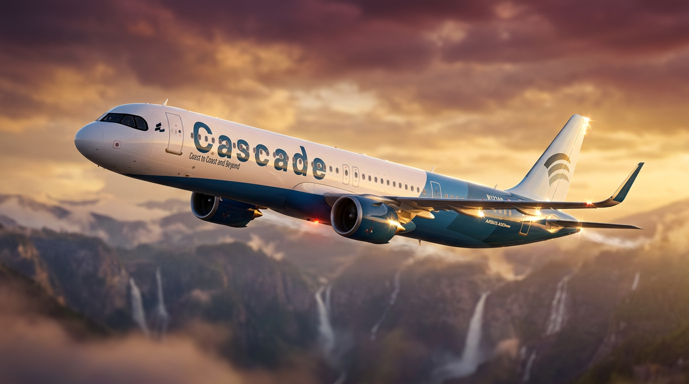 Cascade Airlines aircraft over the cascades at sunset
